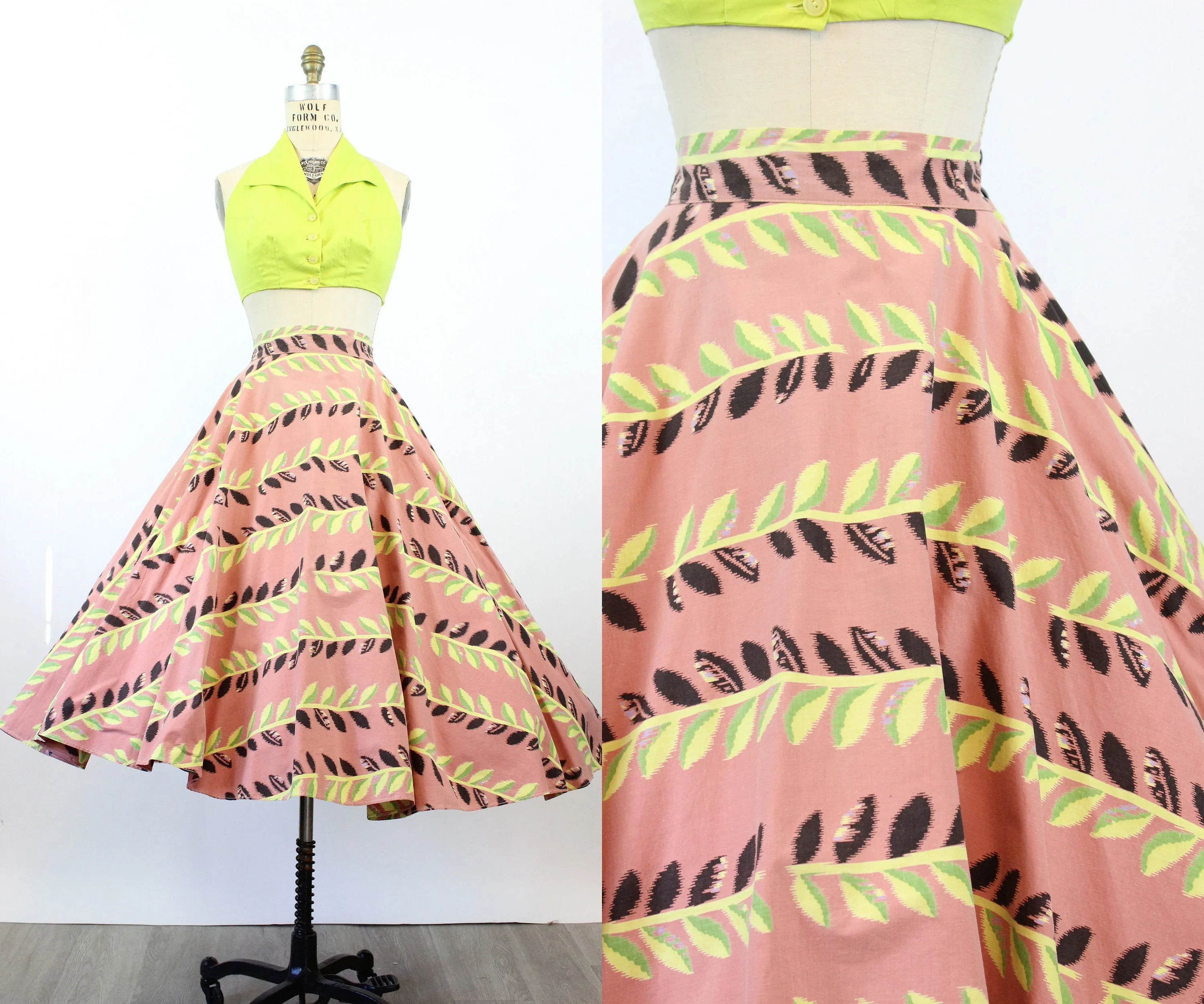 1950s CHARTREUSE vine print circle skirt xs | new spring