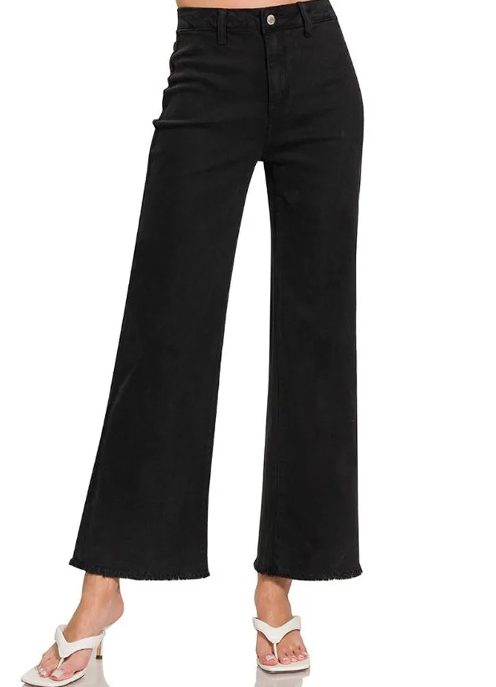 Acid Washed Frayed Cutoff Hem Wide Pants in Black by Zenana