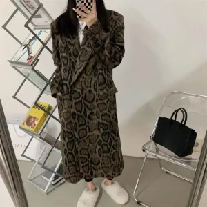 Advbridge Double-breasted leopard print suit woolen coat for women 2024 winter new style loose silhouette mid-length woolen coat trendy