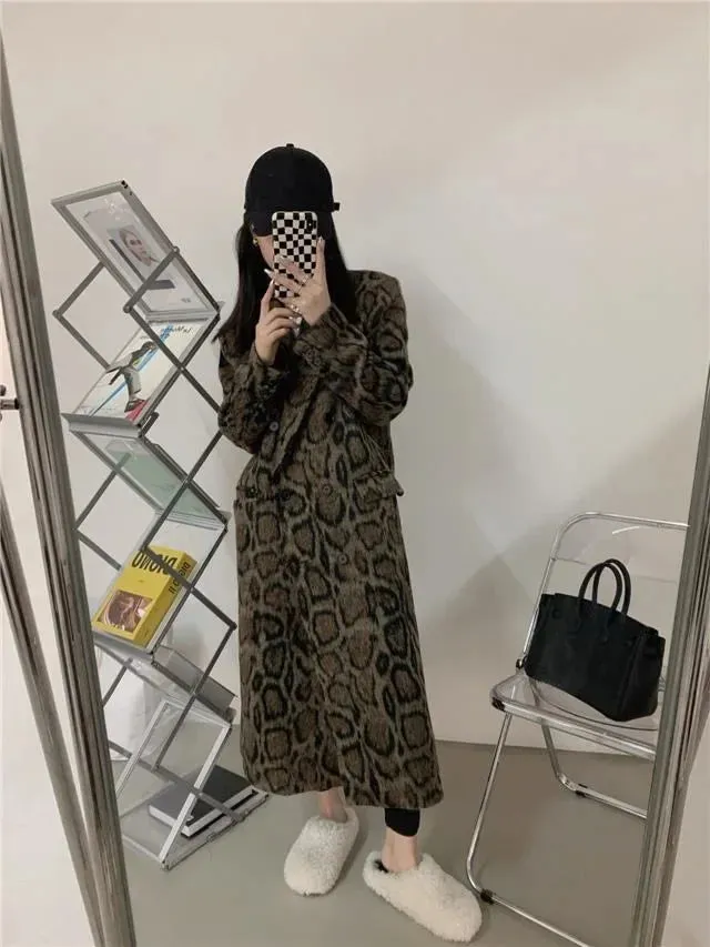 Advbridge Double-breasted leopard print suit woolen coat for women 2024 winter new style loose silhouette mid-length woolen coat trendy