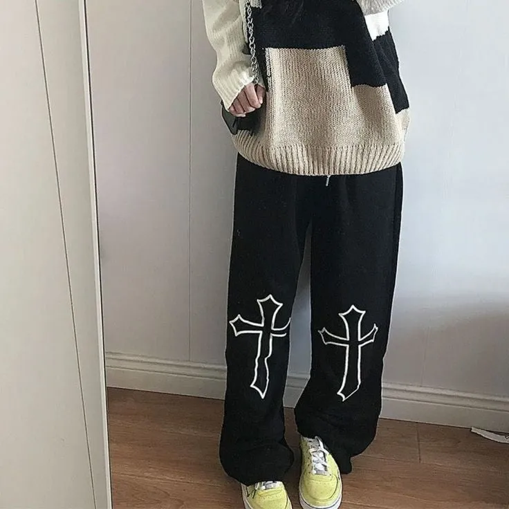 Aesthetic Y2k Harajuku Wide Leg Straight Fit Cross Printed Baggy Black Jeans