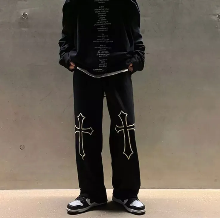 Aesthetic Y2k Harajuku Wide Leg Straight Fit Cross Printed Baggy Black Jeans