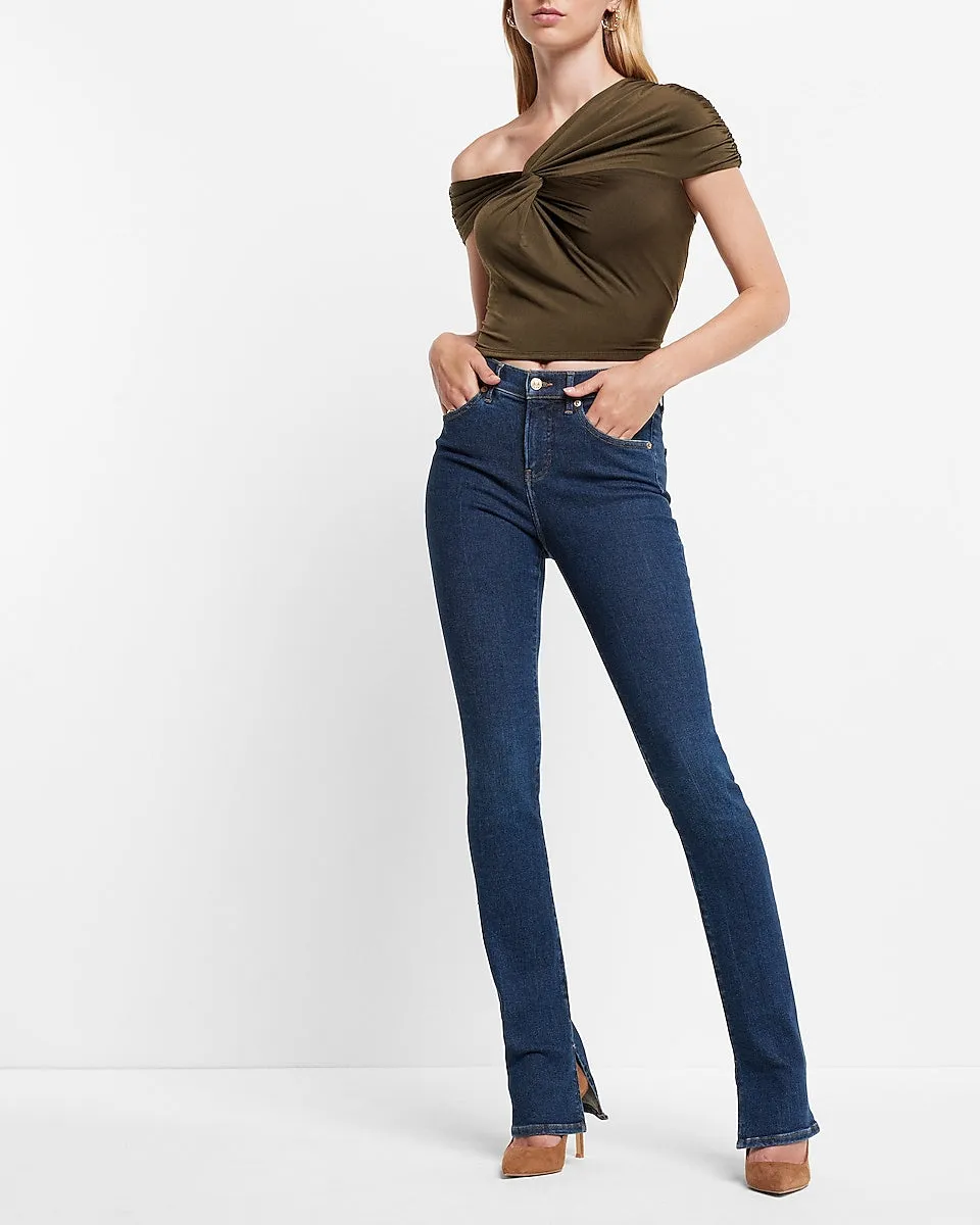 Body Contour Silky Twist One Shoulder Cropped Tee in Olive Green