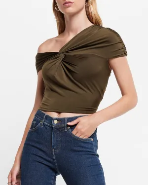 Body Contour Silky Twist One Shoulder Cropped Tee in Olive Green