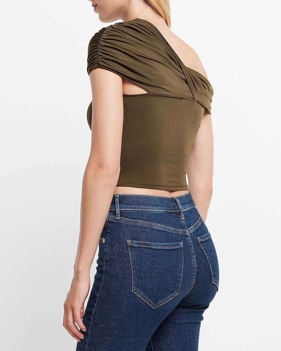 Body Contour Silky Twist One Shoulder Cropped Tee in Olive Green