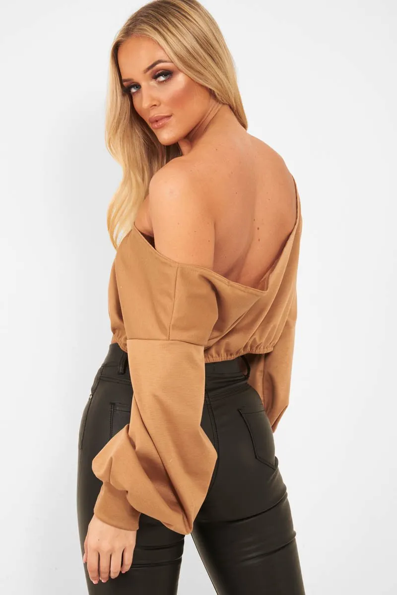 Camel Plunge Off Shoulder Cropped Sweatshirt - Zarah