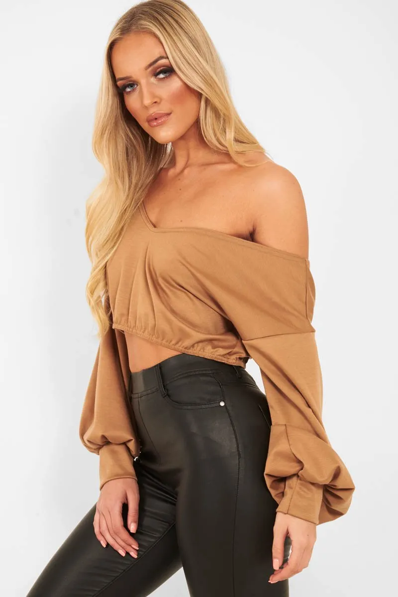 Camel Plunge Off Shoulder Cropped Sweatshirt - Zarah