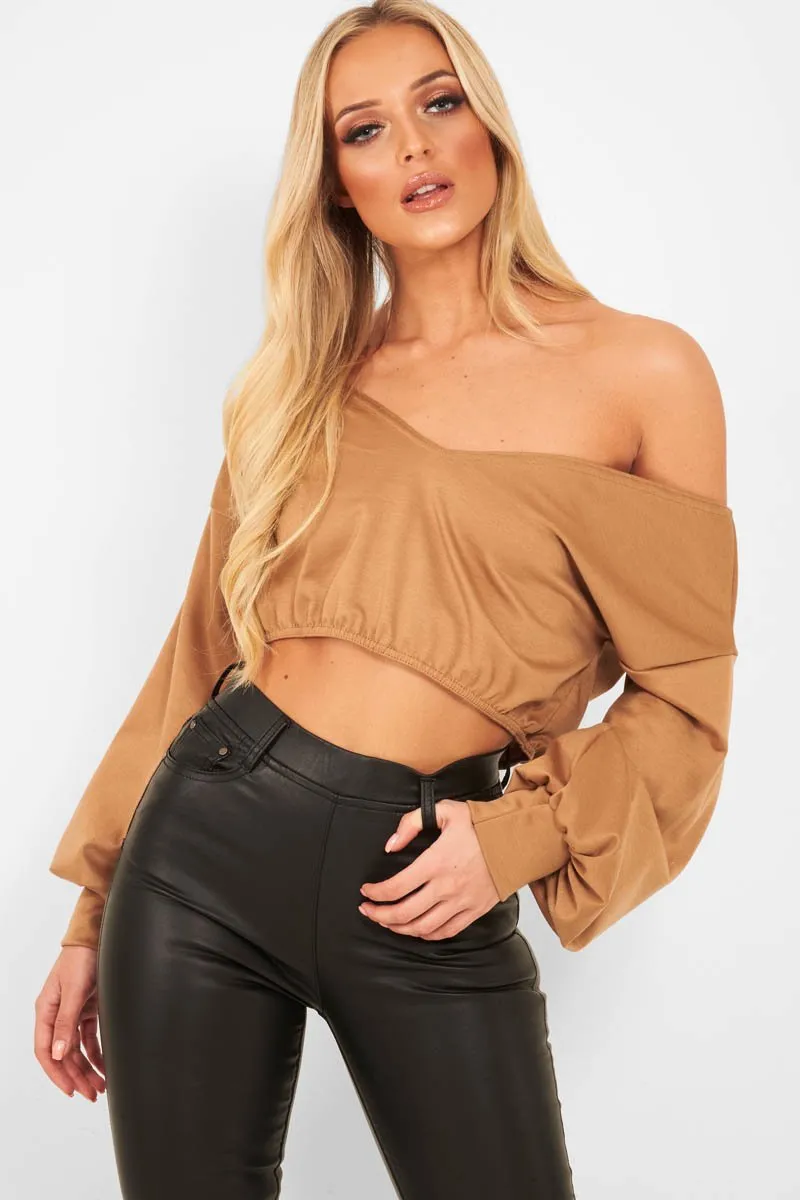 Camel Plunge Off Shoulder Cropped Sweatshirt - Zarah