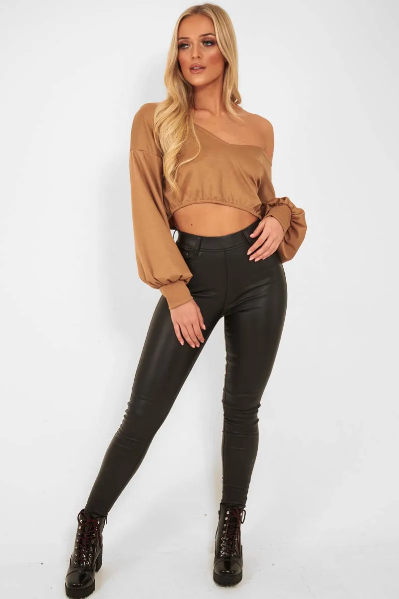 Camel Plunge Off Shoulder Cropped Sweatshirt - Zarah