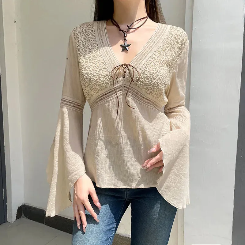 Chic V Neck Fishnet Spliced Flare Sleeve Women Shirts Lace Up Fashion Fairycore Autumn Blouse Boho Pullover Vacation