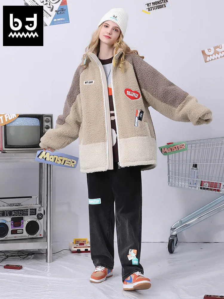 Color contrast patchwork graffiti embroidered applique with stand-up collar drop shoulder sleeve pellet fleece jacket