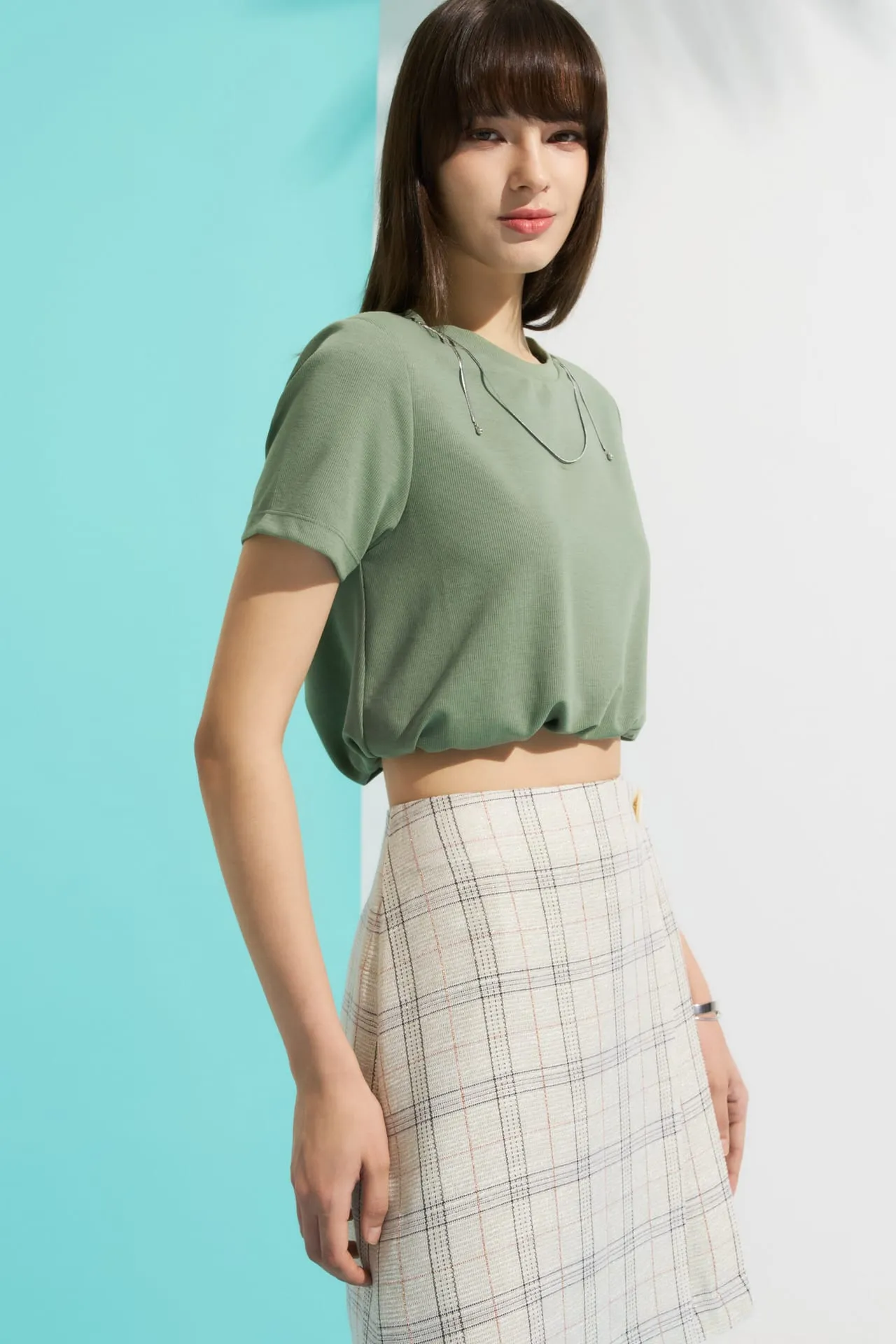 Cropped Ribbed Top with Elastic Hem