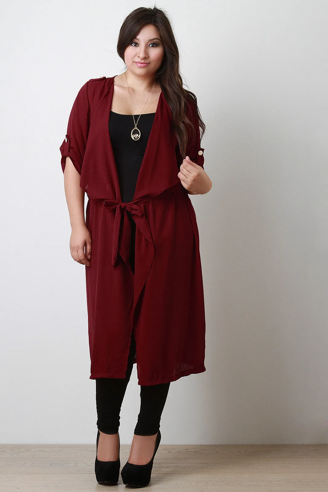 Draped Chiffon Longline Trench Coat