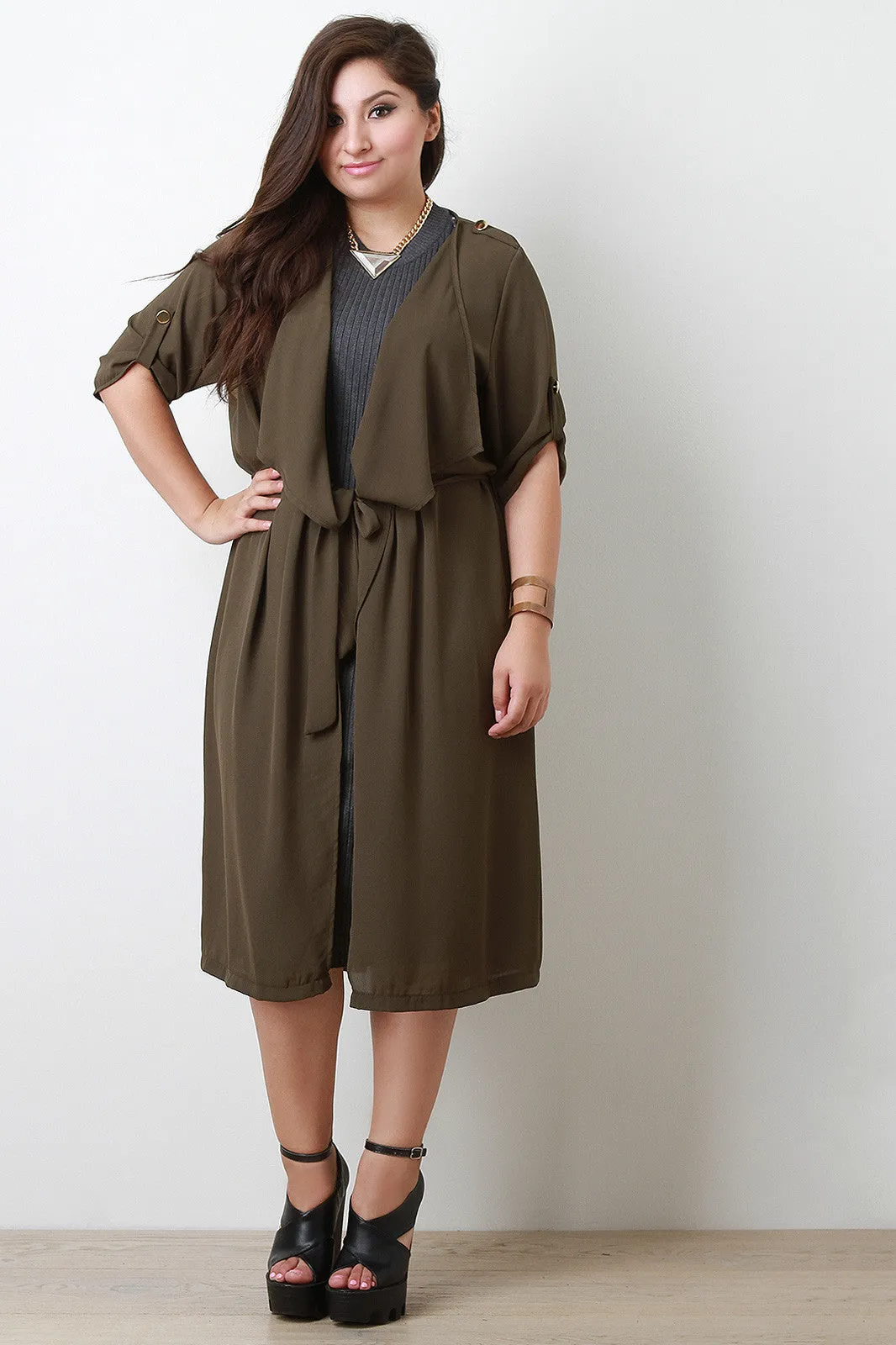 Draped Chiffon Longline Trench Coat