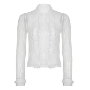 Fashion White Ruffles Patchwork Women Blouses Mesh Top See Through Buttons Up Cardigan Spring Summer Sexy Shirts Chic