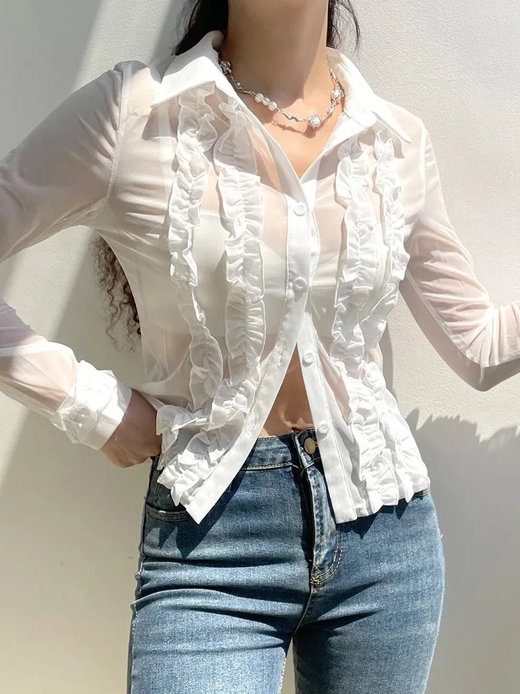 Fashion White Ruffles Patchwork Women Blouses Mesh Top See Through Buttons Up Cardigan Spring Summer Sexy Shirts Chic