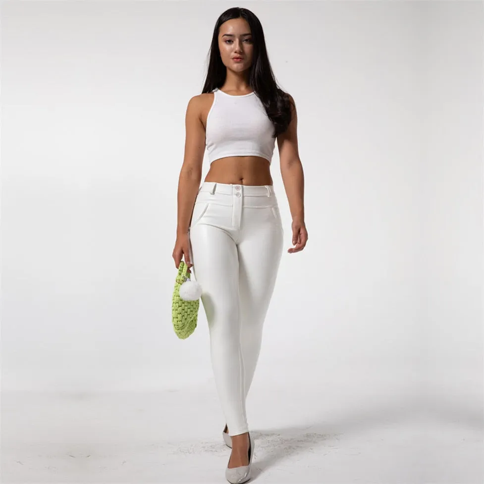 Faux Leather Leggings White Fleece Lined Jeggings Ladies Winter Women's Warm Push Up  Casual Pants