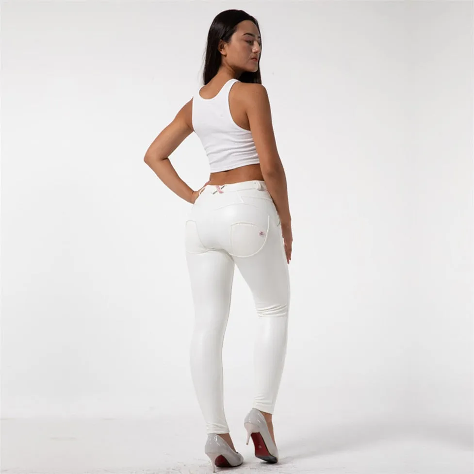 Faux Leather Leggings White Fleece Lined Jeggings Ladies Winter Women's Warm Push Up  Casual Pants