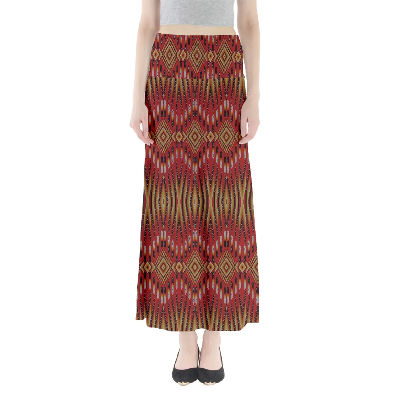 Fire Feather Red Full Length Maxi Skirt