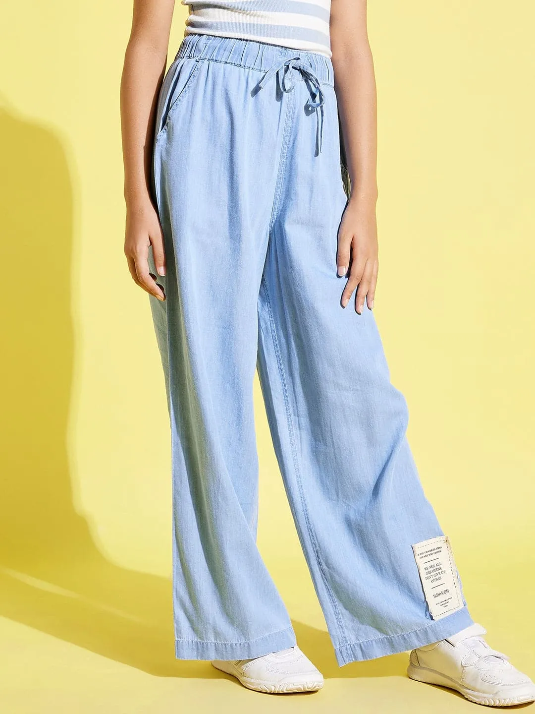 Girls Ice Blue Tencel Wide Leg Drawstring Pants - Lyush Kids