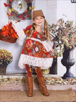 Girls Ruffled Boho Sleeve Hi-Lo Lace Tunic And Legging Set