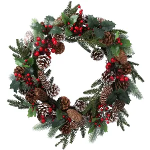 Gisela Graham 55cm Fir, Holly & Frosted Pinecone Wreath