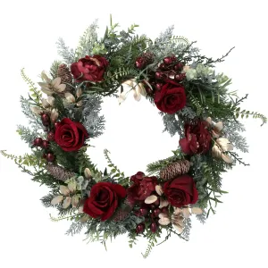 Gisela Graham 55cm Green & Gold Fir & Red Roses Wreath