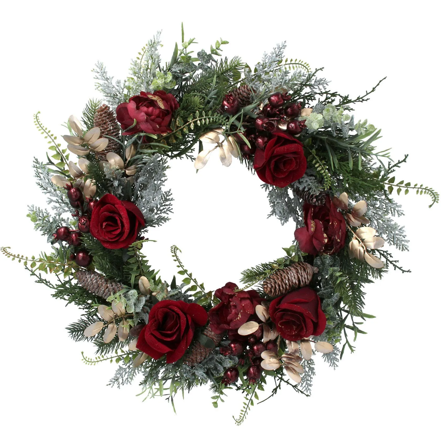 Gisela Graham 55cm Green & Gold Fir & Red Roses Wreath