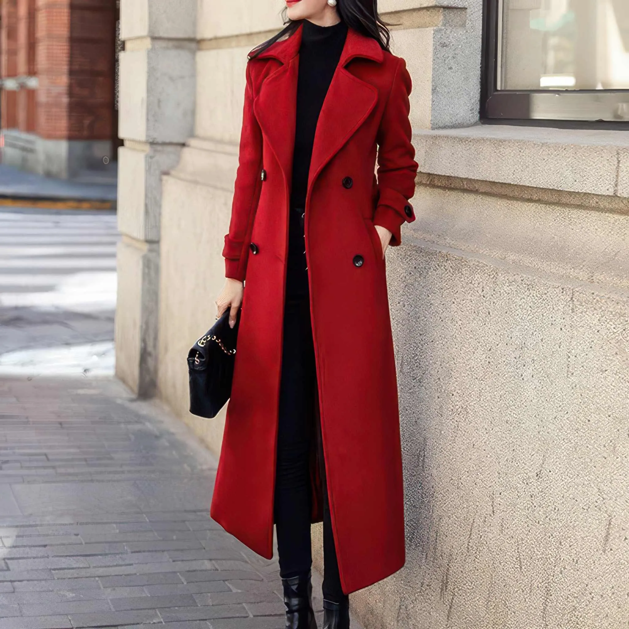 Glow Chic's Woolen Extended Suit Collar Trench Coat