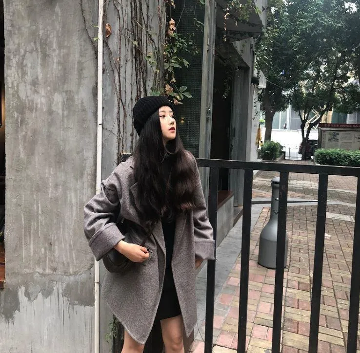 Gray Woolen Coat With Belt Jacket