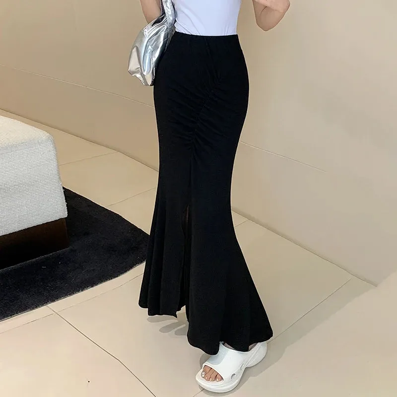 Grey Split Shirring Slim Tight Hip Women Skirts Pleated High Waist A-line Black Trumpet Solid Color Fashion Female Skirt