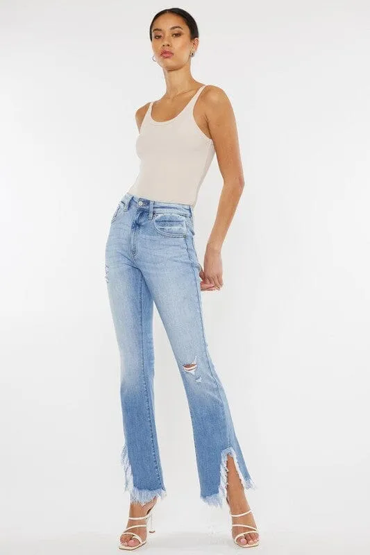 High Rise Frayed Hem Bootcut Jeans - Kan Can USA