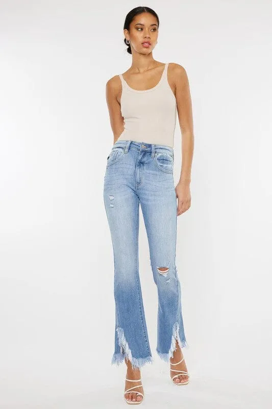 High Rise Frayed Hem Bootcut Jeans - Kan Can USA