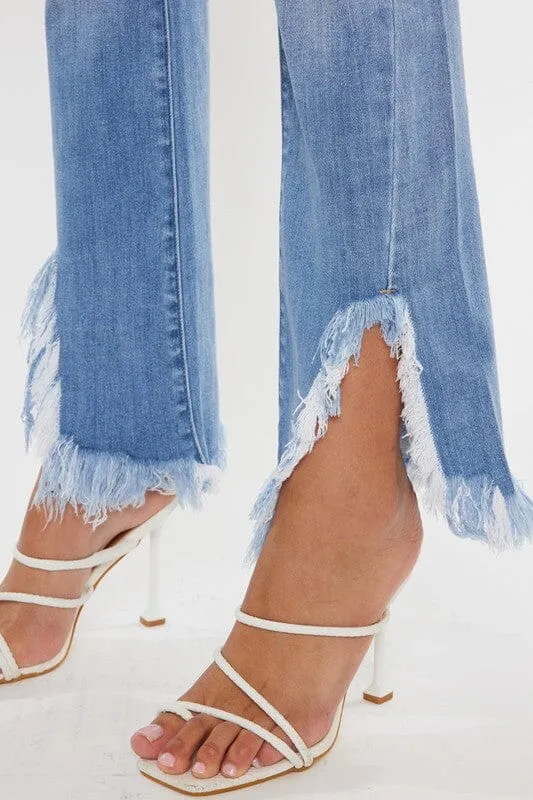 High Rise Frayed Hem Bootcut Jeans - Kan Can USA