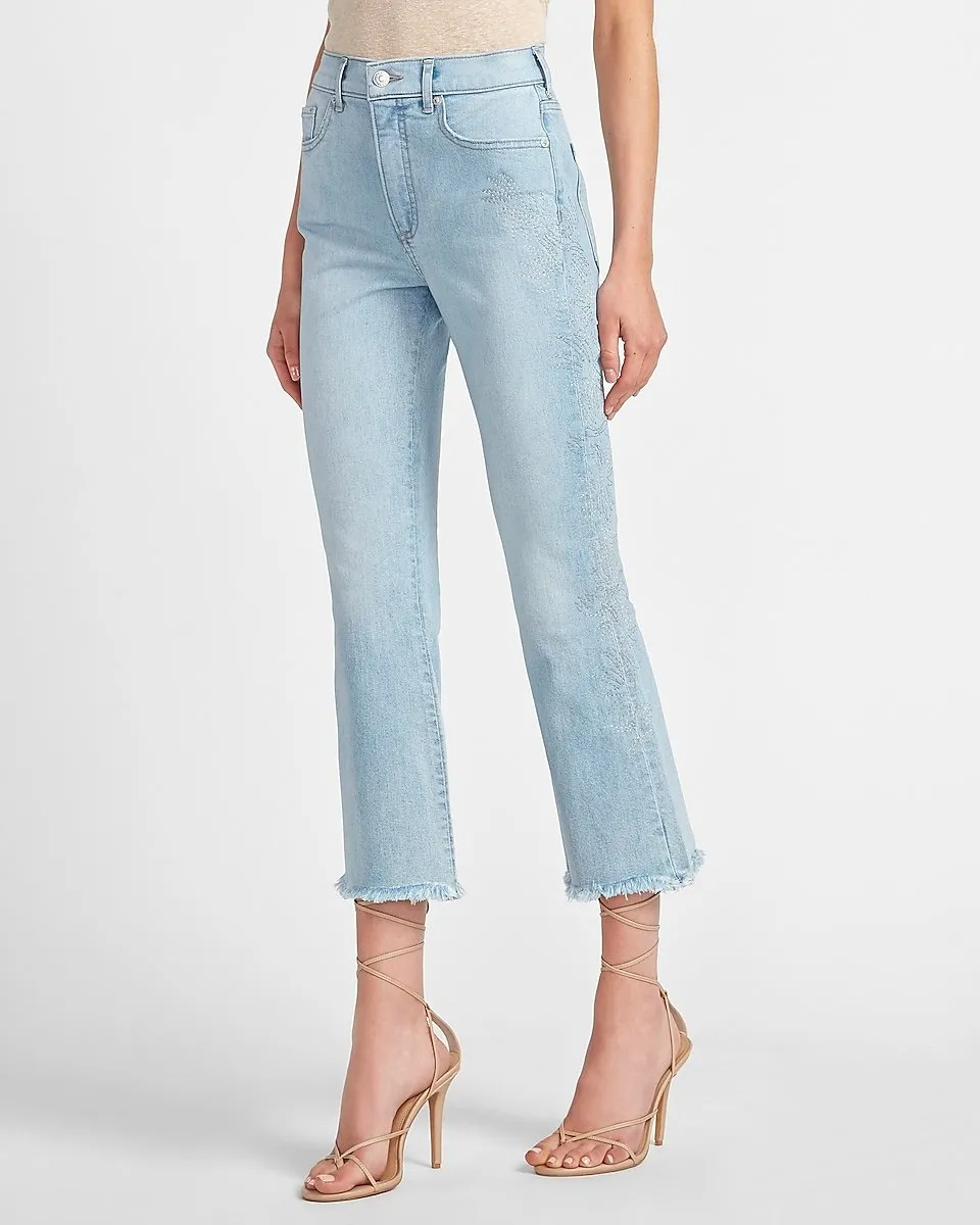 High Waisted Faded Frayed Hem Cropped Flare Jeans in Light Wash