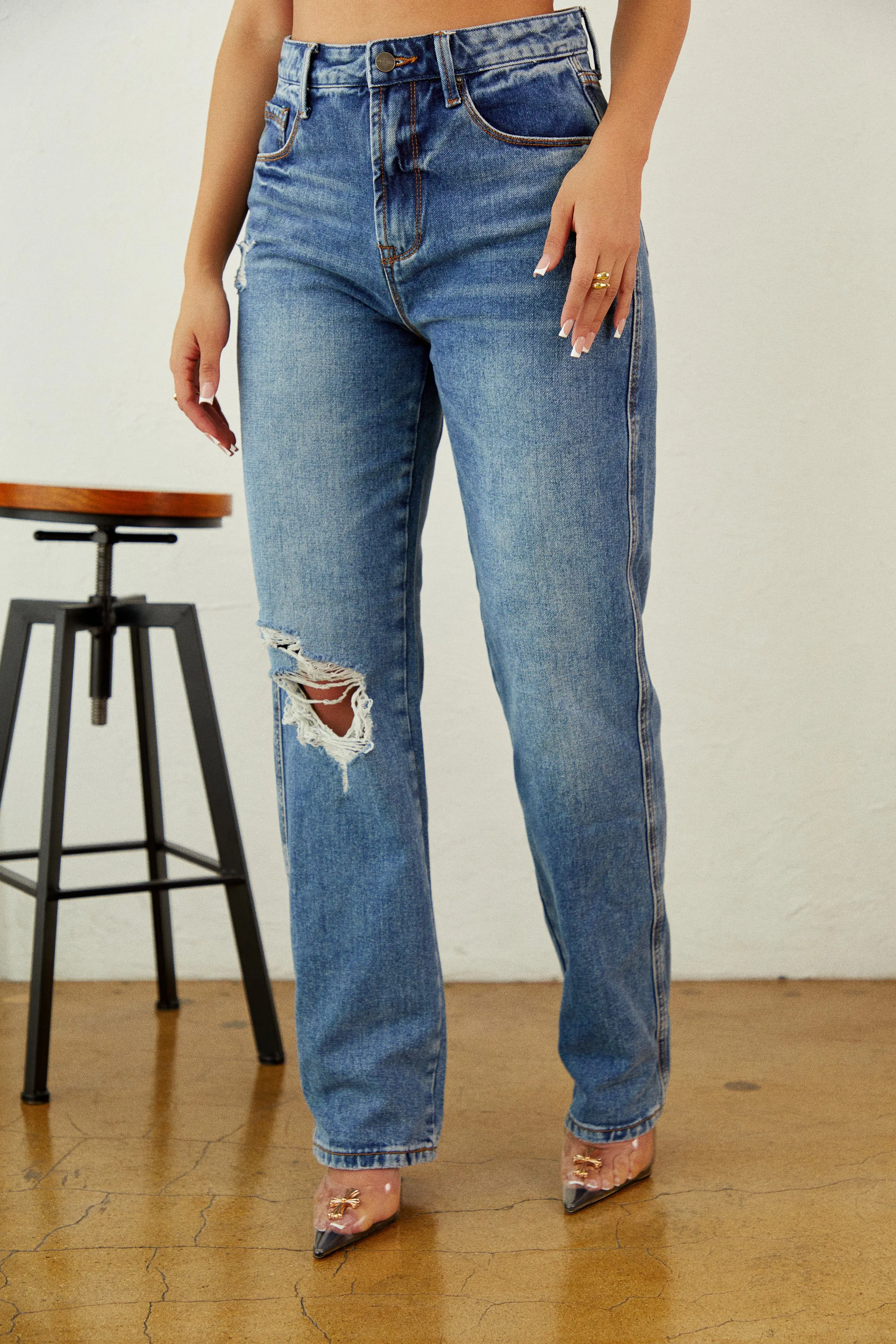 Joanna Distressed Straight Leg Jeans - Denim