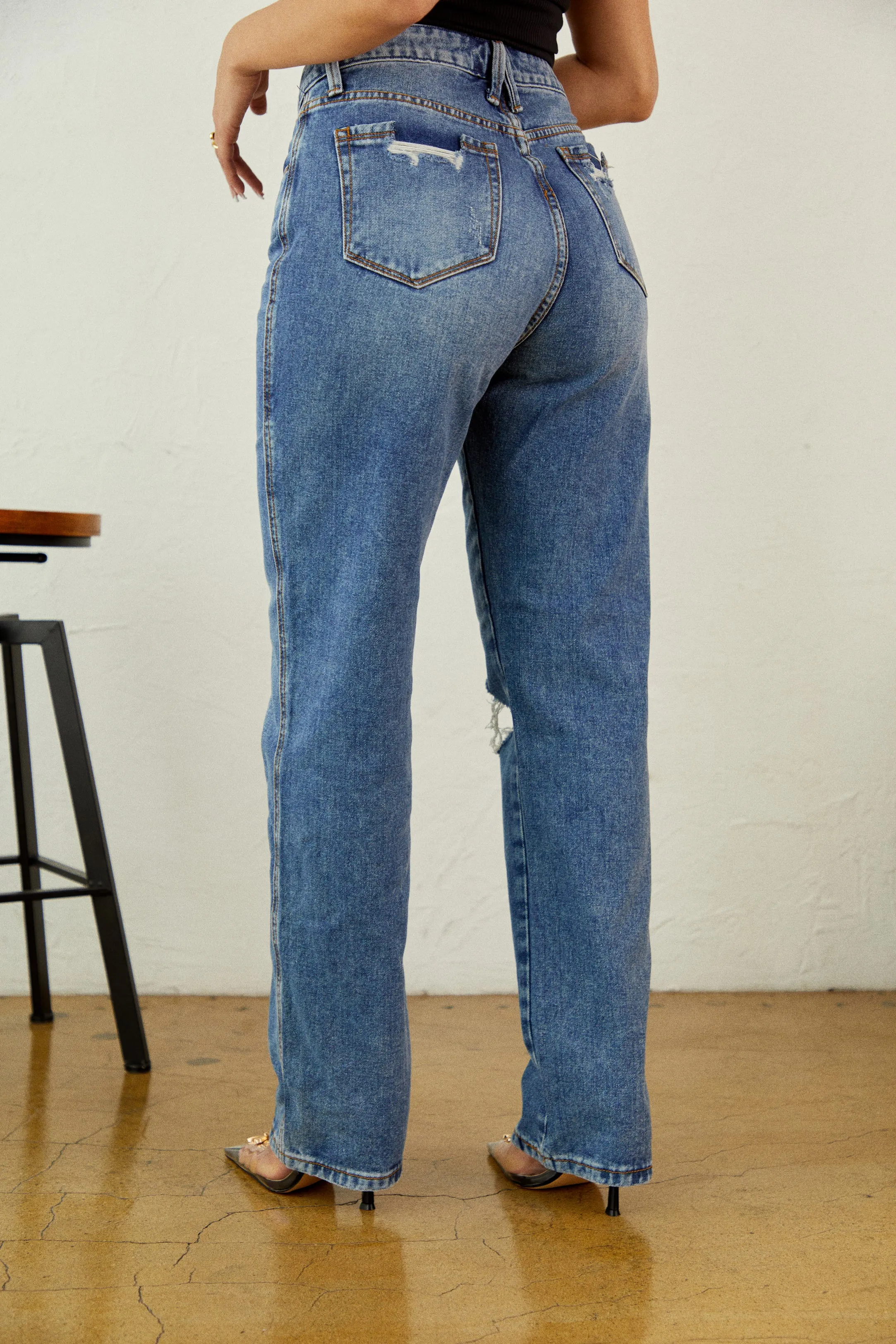 Joanna Distressed Straight Leg Jeans - Denim