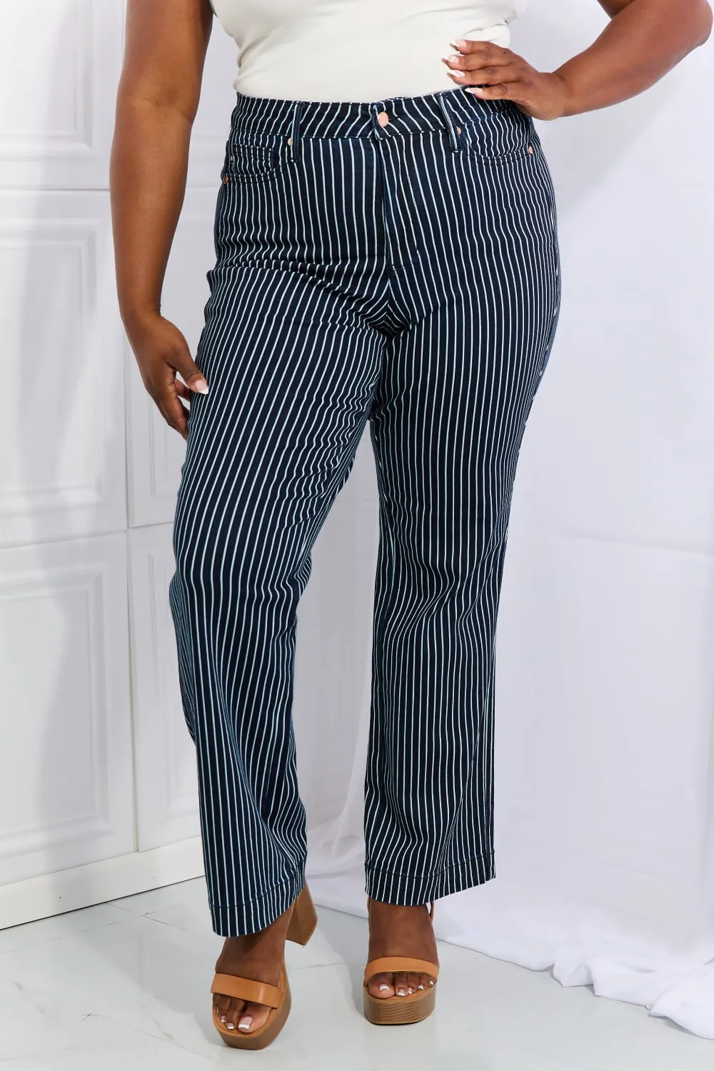 Judy Blue Cassidy Full Size High Waisted Tummy Control Striped Straight Jeans | Chic & Comfortable Denim