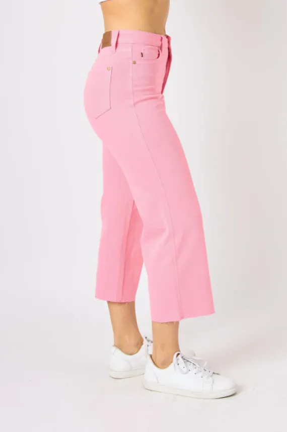 Judy Blue HW Garment Dyed Cropped Wide Leg Jeans - Pink