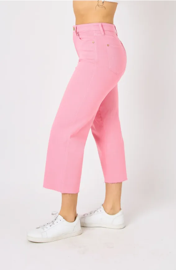 Judy Blue HW Garment Dyed Cropped Wide Leg Jeans - Pink