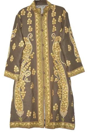 Kashmiri Woolen Coat Beige, Multicolor Embroidery #AO-158