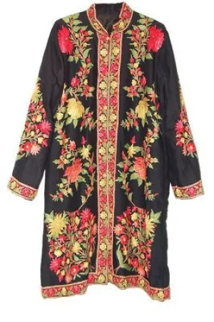 Kashmiri Woolen Coat Black, Multicolor Embroidery #AO-122