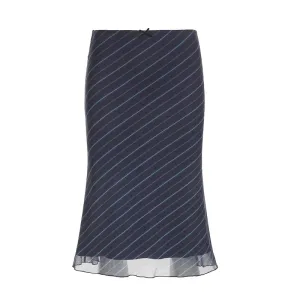 Korean Fashion Stripe Low Waist Chiffon Skirt Female Double Layer Bow Elegant Vintage Summer Midi Skirts Chic Outfits