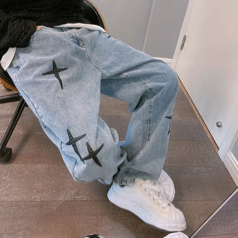 Korean Style Straight Jeans Men's Loose New Spring and Autumn New Trendy Casual Men's Ankle Length Pants Hong Kong Style Wide Leg Pants