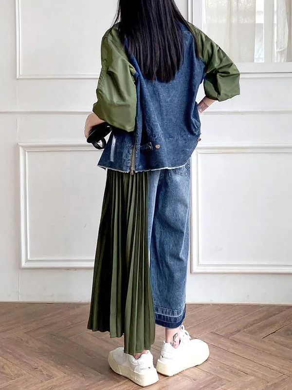 Loose Ninth Pants Contrast Color Pleated Split-Joint Jean Pants Bottoms