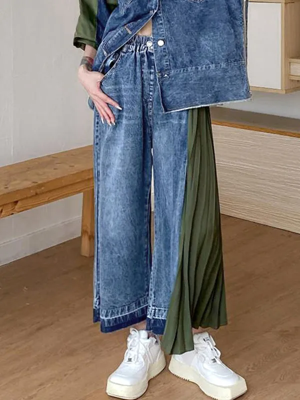 Loose Ninth Pants Contrast Color Pleated Split-Joint Jean Pants Bottoms