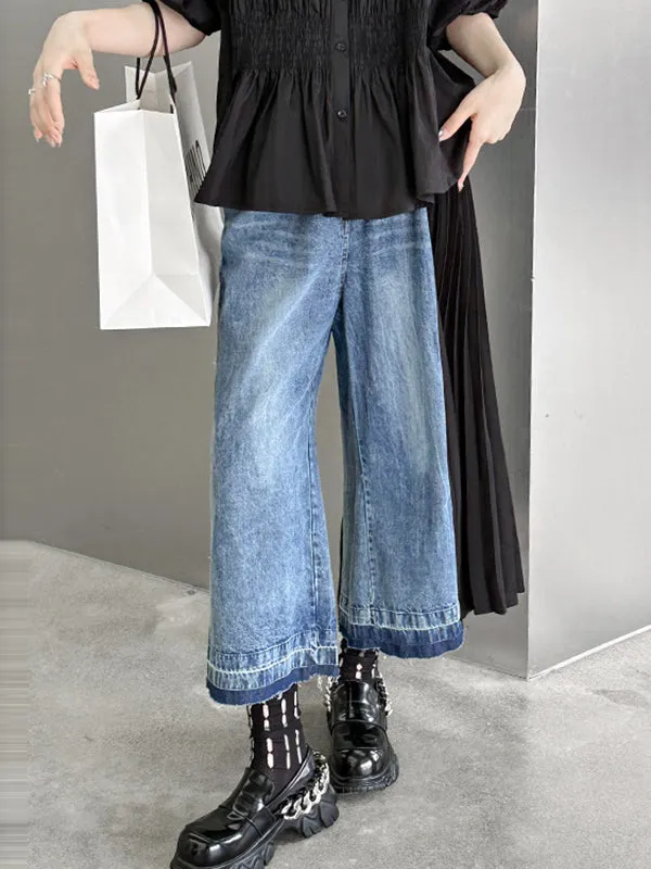 Loose Ninth Pants Contrast Color Pleated Split-Joint Jean Pants Bottoms