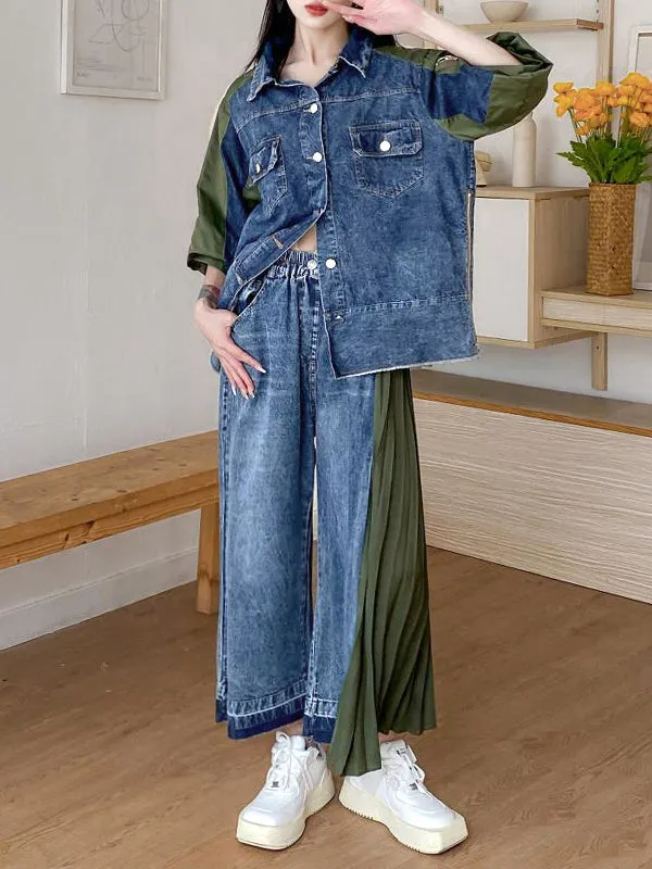 Loose Ninth Pants Contrast Color Pleated Split-Joint Jean Pants Bottoms