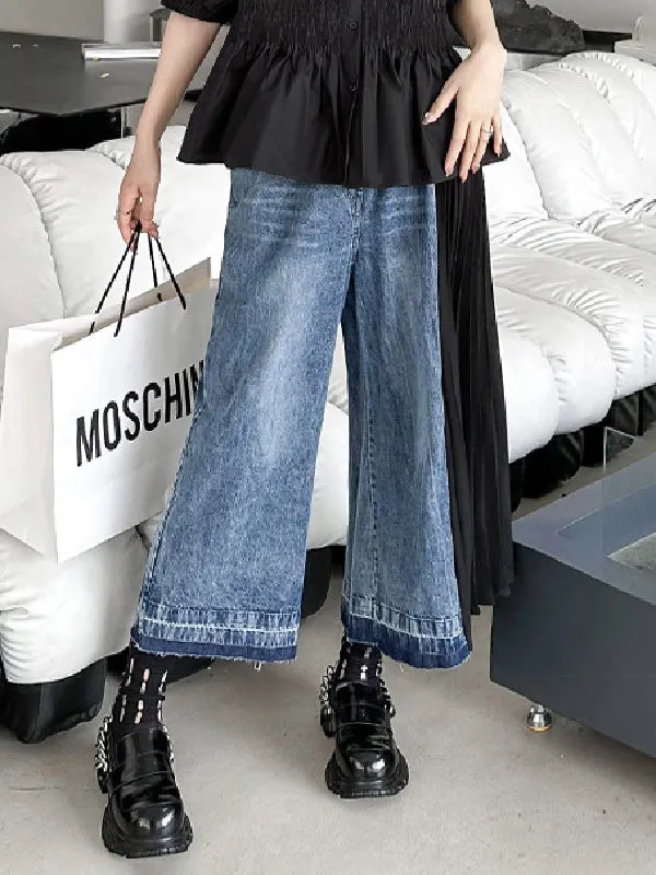 Loose Ninth Pants Contrast Color Pleated Split-Joint Jean Pants Bottoms