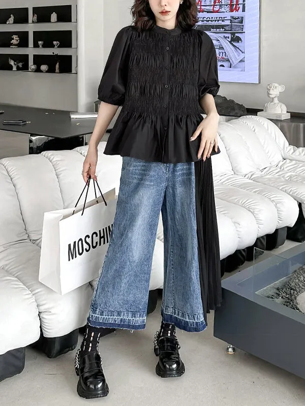 Loose Ninth Pants Contrast Color Pleated Split-Joint Jean Pants Bottoms